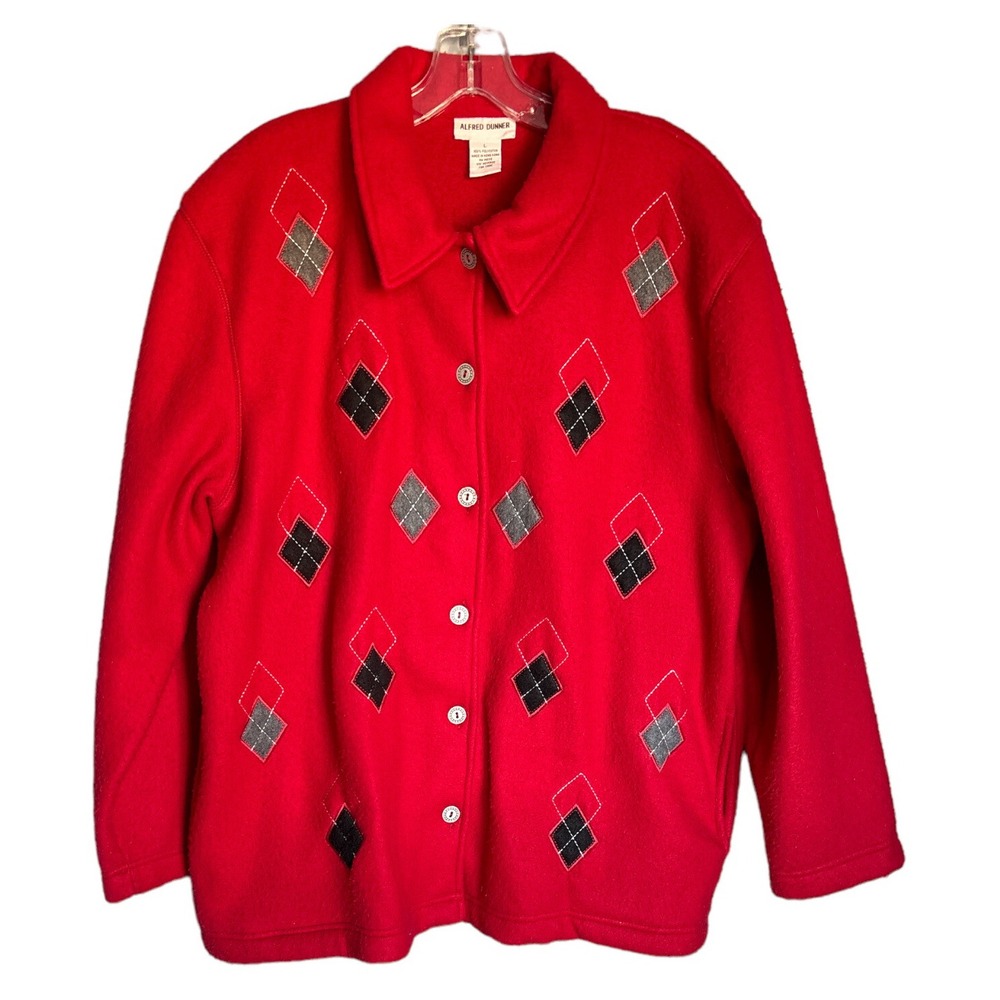 Vintage Women's Size L Alfred Dunner Red Argyle Holiday Fleece Jacket Cardigan